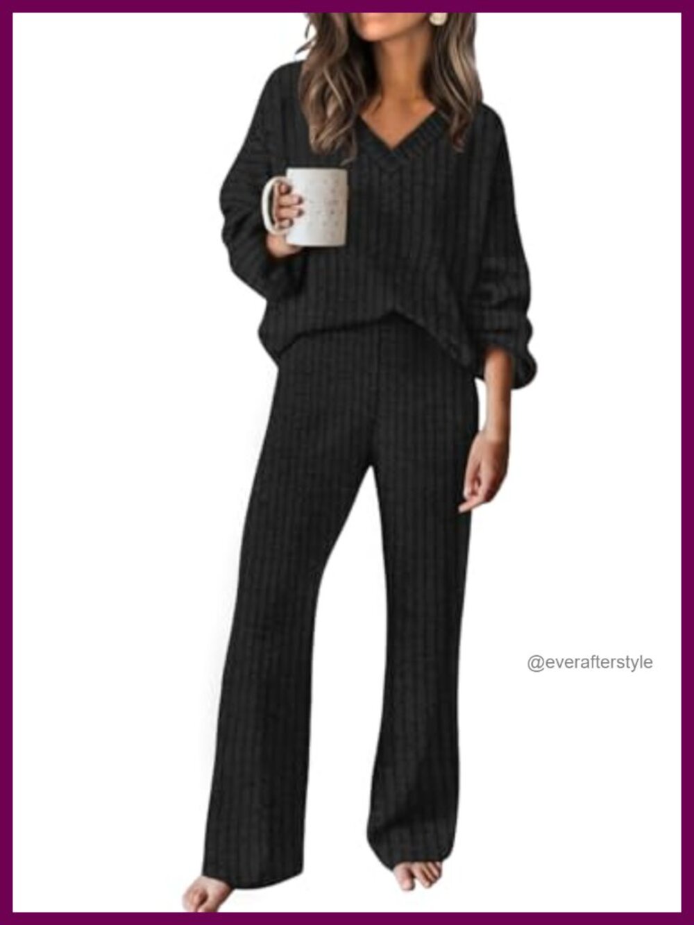 RUMIA Women Cozy Lounge Set V-Neck Sweater & Wide Leg Pant Travel Outfit